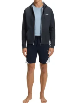Sweat à capuche zippé en coton bleu marine uni à coupe droite avec le logo