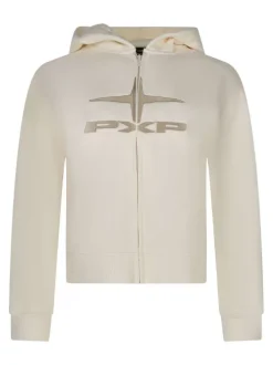 Sweat à capuche zippé en coton écru à coupe droite avec le logo brodé
