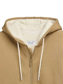 Sweat à capuche zippé en coton mélangé beige uni à coupe droite