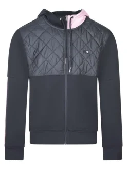 Sweat à capuche zippé en coton mélangé bleu marine bi-matière à coupe droite