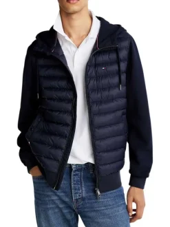 Sweat à capuche zippé en coton mélangé bleu marine matelassé à coupe droite