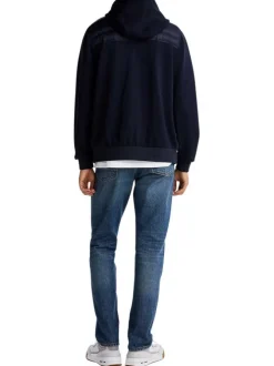 Sweat à capuche zippé en coton mélangé bleu marine matelassé à coupe droite