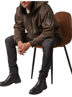 Sweat à capuche zippé en coton mélangé kaki chiné avec intérieur en moumoute