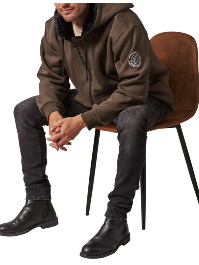 Sweat à capuche zippé en coton mélangé kaki chiné avec intérieur en moumoute