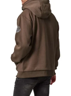 Sweat à capuche zippé en coton mélangé kaki chiné avec intérieur en moumoute