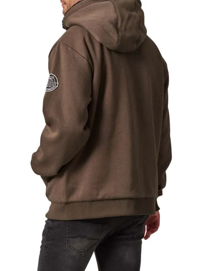 Sweat à capuche zippé en coton mélangé kaki chiné avec intérieur en moumoute