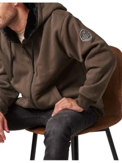 Sweat à capuche zippé en coton mélangé kaki chiné avec intérieur en moumoute