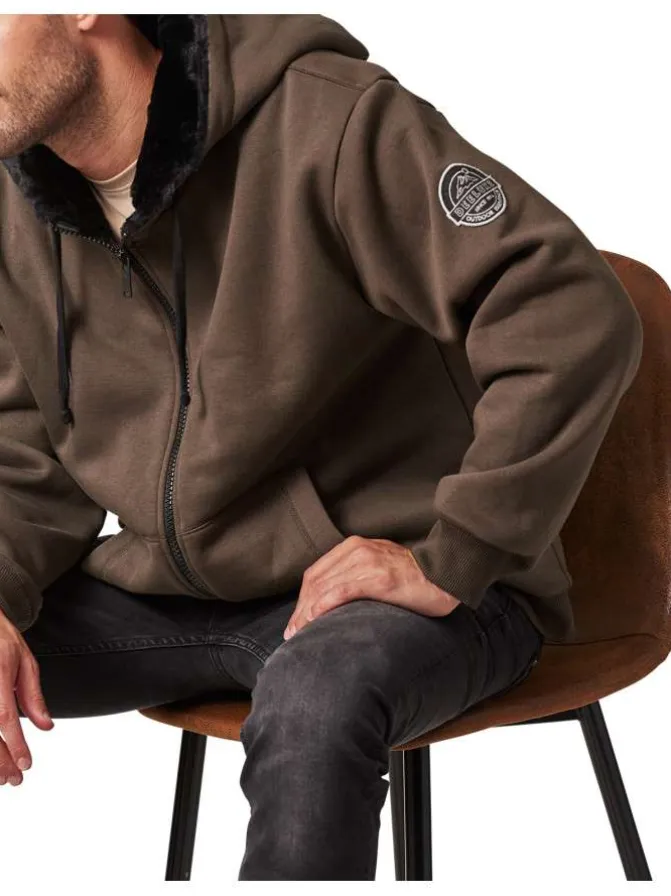 Sweat à capuche zippé en coton mélangé kaki chiné avec intérieur en moumoute