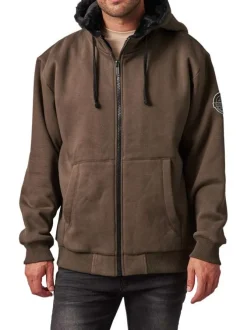 Sweat à capuche zippé en coton mélangé kaki chiné avec intérieur en moumoute