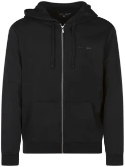 Sweat à capuche zippé en coton mélangé noir uni avec le nom de la marque