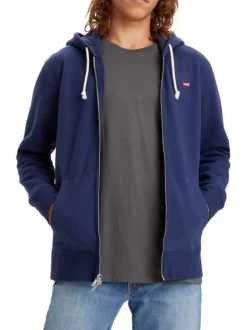 Sweat à capuche zippé, en coton molletonné bleu marine, poches ventrales