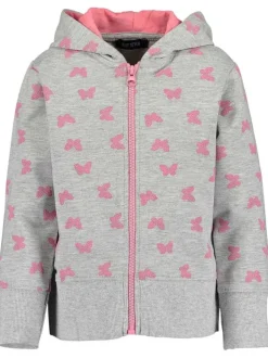 Sweat à capuche zippé gris en coton à motif papillons roses all over
