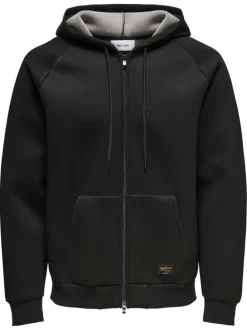 Sweat à capuche zippé noir uni à coupe droite avec des poches