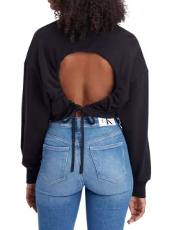 Sweat Crop Top en coton noir uni avec dos nu fermé par un lien