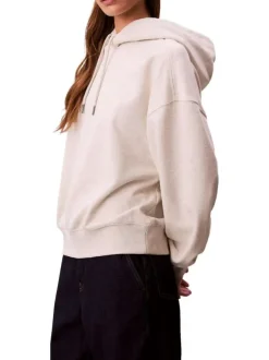 Sweat écru en coton mélangé à coupe droite avec un col à capuche