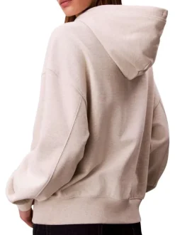 Sweat écru en coton mélangé à coupe droite avec un col à capuche