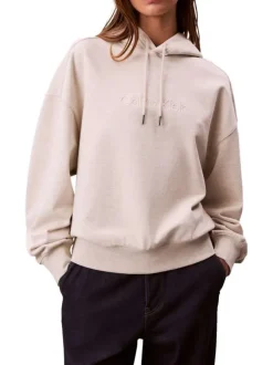 Sweat écru en coton mélangé à coupe droite avec un col à capuche