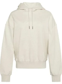 Sweat écru en coton mélangé à coupe droite avec un col à capuche