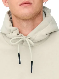 Sweat écru en coton mélangé uni col à capuche et poche kangourou