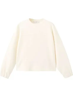 Sweat écru uni en maille piquée avec une coupe droite et un col rond