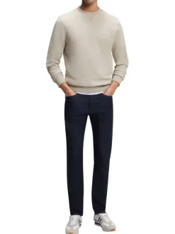 Sweat en coton beige coupe ajustée pourvu d'un col rond côtelé
