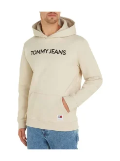 Sweat en coton beige uni avec coupe droite et un col à capuche