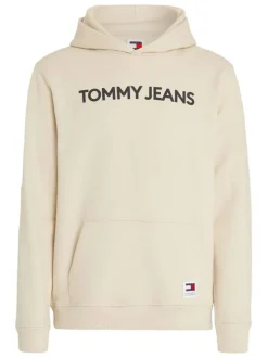 Sweat en coton beige uni avec coupe droite et un col à capuche