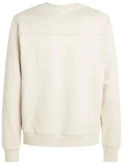 Sweat en coton beige uni à col rond en bord-côte avec le nom de la marque