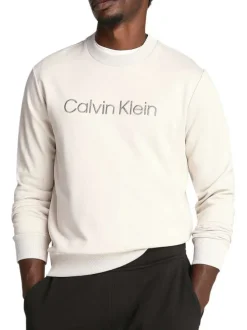 Sweat en coton beige uni à col rond en bord-côte avec le nom de la marque