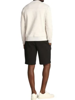 Sweat en coton beige uni à col rond en bord-côte avec le nom de la marque