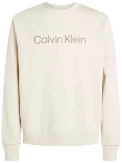 Sweat en coton beige uni à col rond en bord-côte avec le nom de la marque