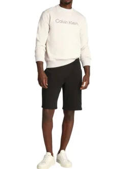 Sweat en coton beige uni à col rond en bord-côte avec le nom de la marque