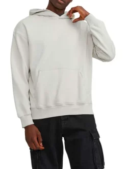 Sweat en coton beige uni coupe droite avec un col à capuche et étiquette cousue
