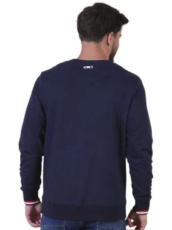 Sweat en coton biologique mélangé marine uni pourvu d'un col rond