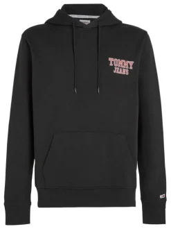 Sweat en coton biologique noir uni avec logo de la marque sur la manche gauche