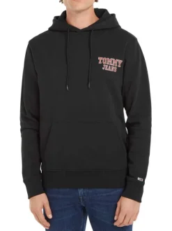 Sweat en coton biologique noir uni avec logo de la marque sur la manche gauche