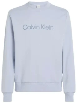 Sweat en coton bleu ciel uni à col rond en bord-côte avec le nom de la marque