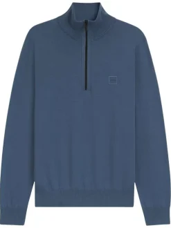 Sweat en coton bleu uni pourvu d'un col camionneur à glissière