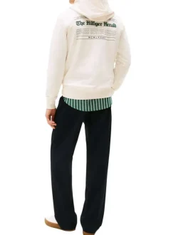 Sweat en coton écru orné d'inscriptions avec un col à capuche