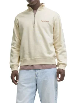 Sweat en coton écru uni avec un col montant et fermeture à glissière