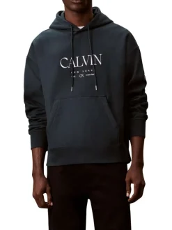Sweat en coton marine à coupe droite pourvu d'un col à capuche