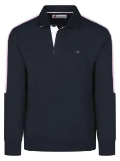 Sweat en coton marine en maille piquée avec un col à revers et une coupe droite