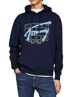 Sweat en coton marine à imprimé graffiti droit avec une capuche