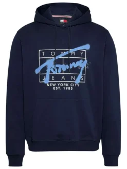 Sweat en coton marine à imprimé graffiti droit avec une capuche