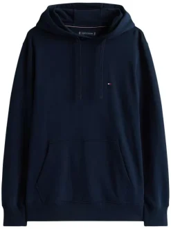 Sweat en coton marine pourvu d'un col à capuche avec cordons de serrage
