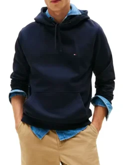 Sweat en coton marine pourvu d'un col à capuche avec cordons de serrage