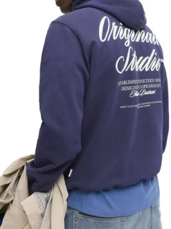 Sweat en coton marine uni avec un col à capuche et poche traversante