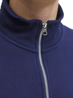 Sweat en coton marine uni avec un col montant et fermeture à glissière
