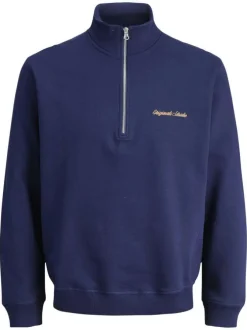 Sweat en coton marine uni avec un col montant et fermeture à glissière