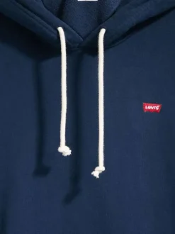 Sweat en coton marine uni à coupe droite avec col à capuche et logo rouge